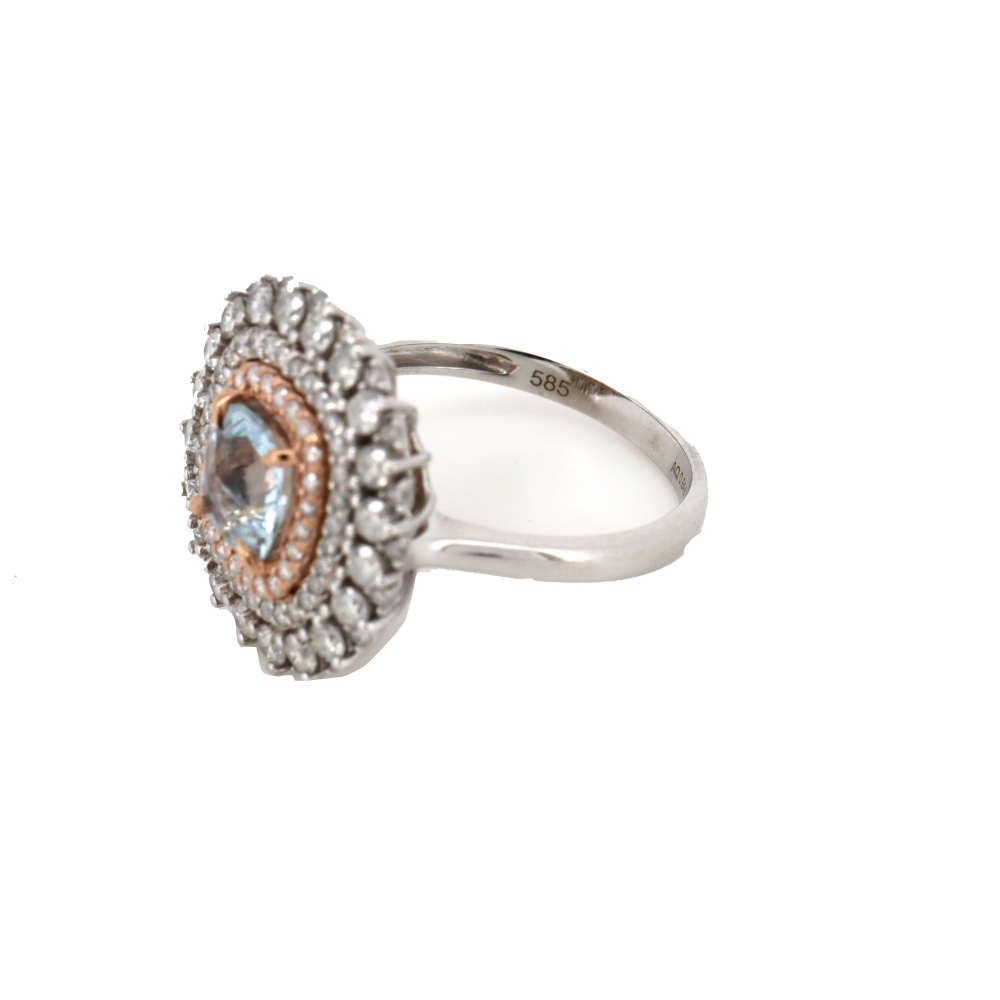 White/Rose Gold Aquamarine and Diamond Triple Halo Ring