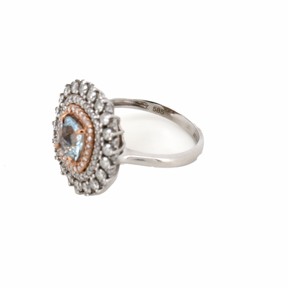 White/Rose Gold Aquamarine and Diamond Triple Halo Ring