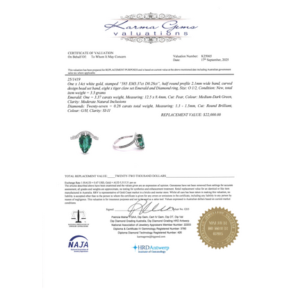 White Gold Pear Cut Emerald & Diamond Ring