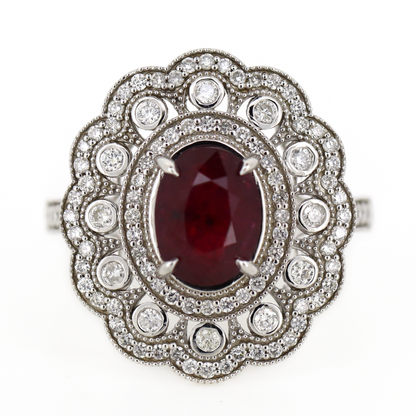 White Gold Ruby and Diamond Double Halo Statement Ring