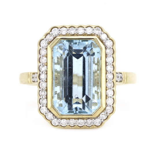 4.13ct Yellow Gold, Aquamarine and Diamond, Halo Ring