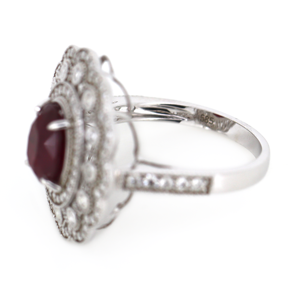 White Gold Ruby and Diamond Double Halo Statement Ring