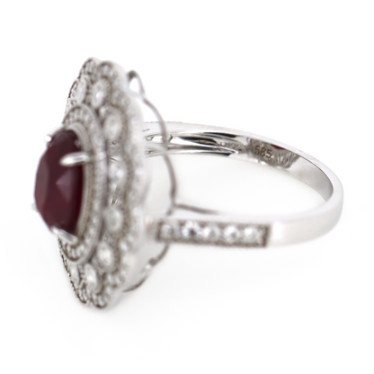 White Gold Ruby and Diamond Double Halo Statement Ring