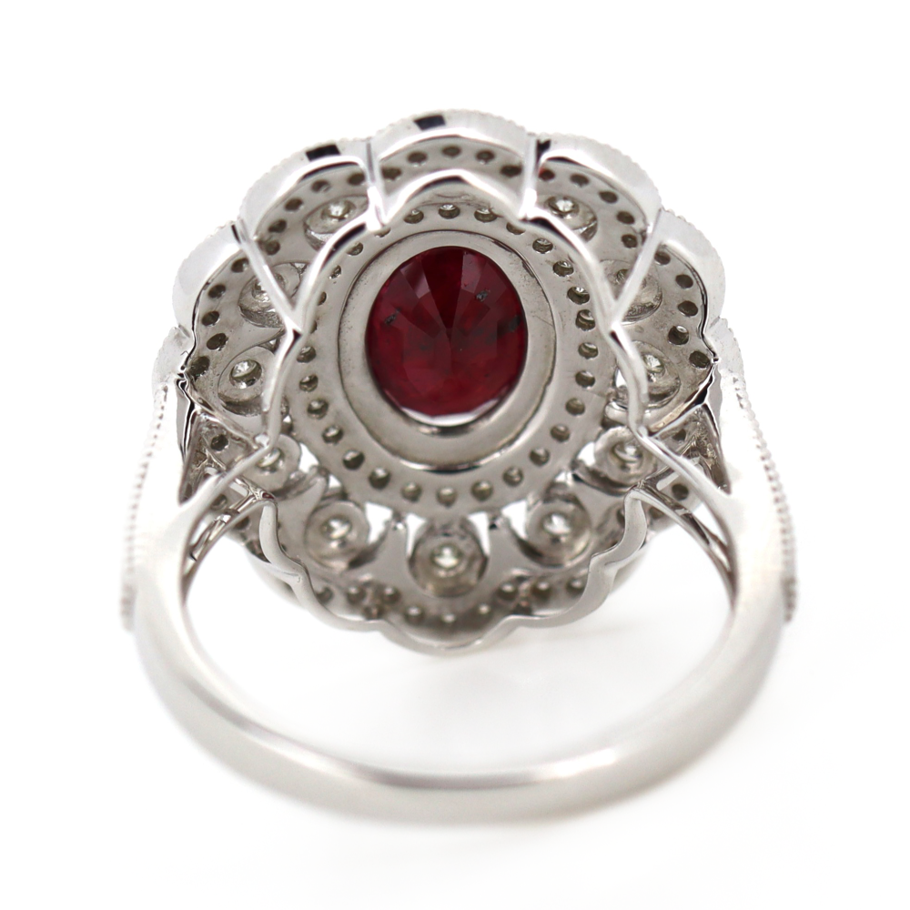 White Gold Ruby and Diamond Double Halo Statement Ring
