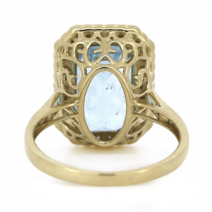 4.13ct Yellow Gold, Aquamarine and Diamond, Halo Ring