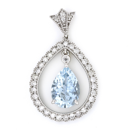 1.88ct Pear cut White Gold, Aquamarine and Diamond, Floating Halo Pendant