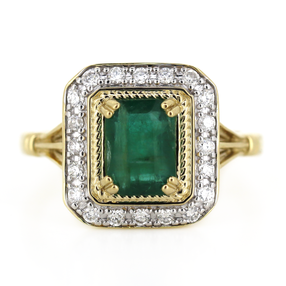 Yellow Gold Emerald and Diamond Antique Inspired Halo Ring