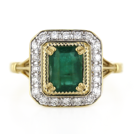 Yellow Gold Emerald and Diamond Antique Inspired Halo Ring