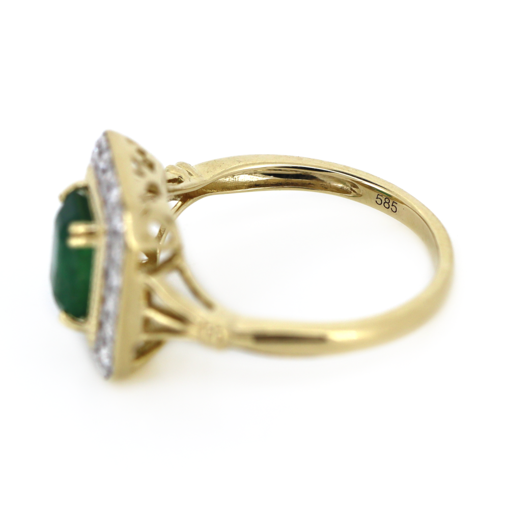 Yellow Gold Emerald and Diamond Antique Inspired Halo Ring