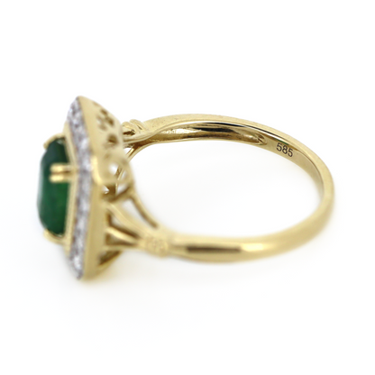 Yellow Gold Emerald and Diamond Antique Inspired Halo Ring