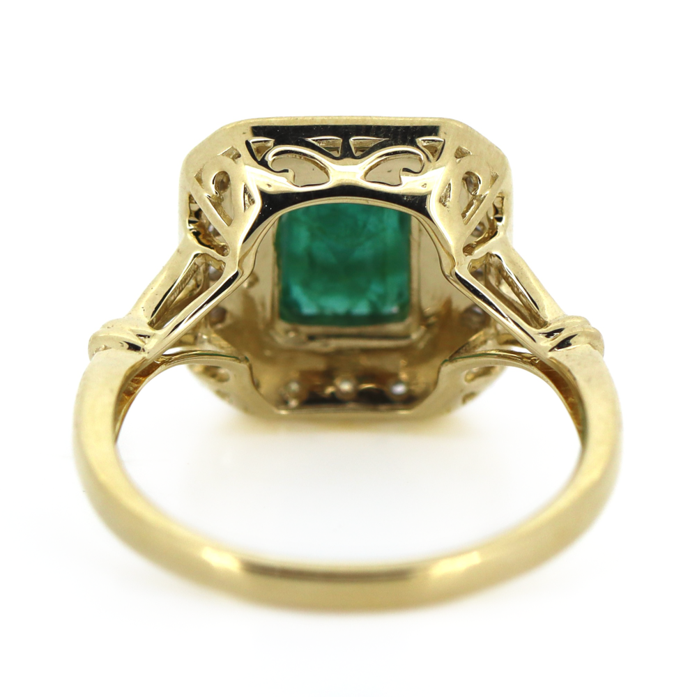 Yellow Gold Emerald and Diamond Antique Inspired Halo Ring
