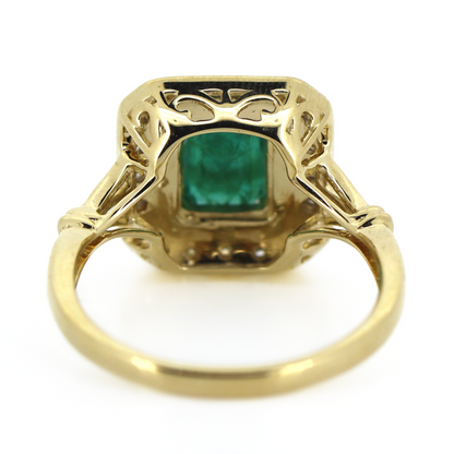 Yellow Gold Emerald and Diamond Antique Inspired Halo Ring