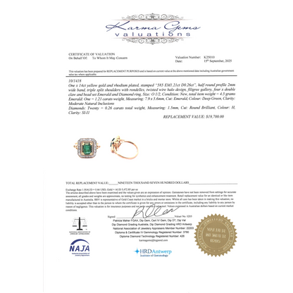 Yellow Gold Emerald and Diamond Antique Inspired Halo Ring