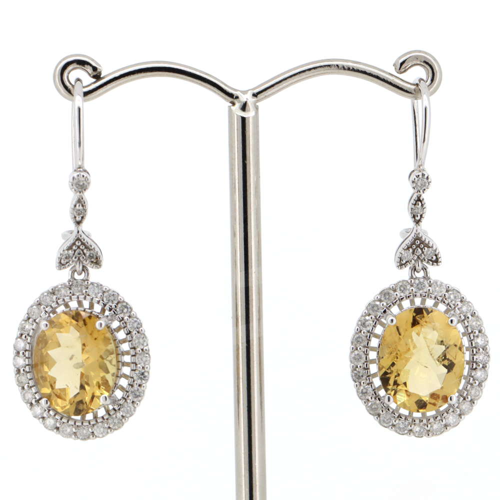 White Gold Heliodor and Diamond Halo Drop Earrings