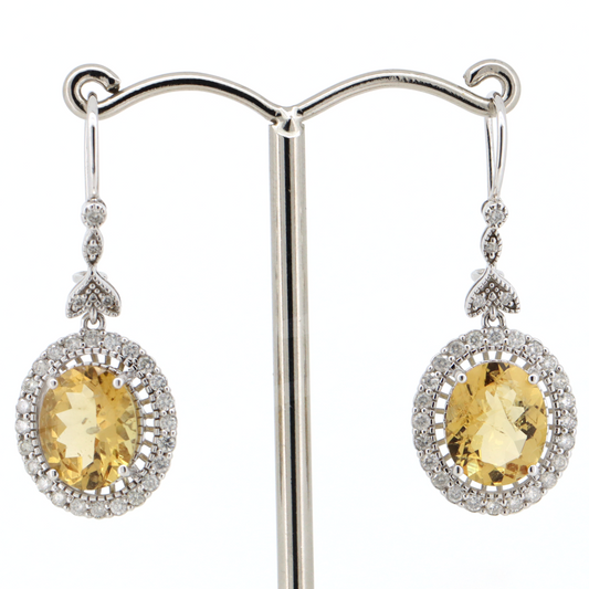 White Gold Heliodor and Diamond Halo Drop Earrings