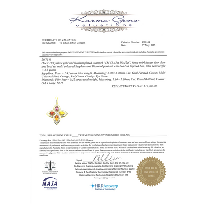 Yellow Gold Multi-Coloured Sapphire & Diamond Pendant