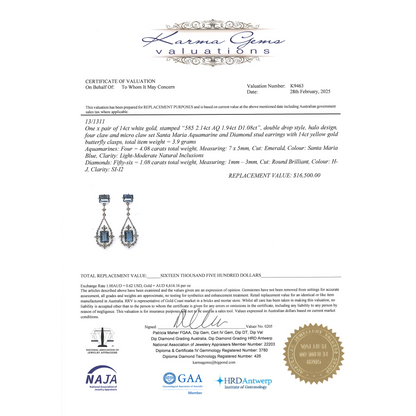 White Gold, Santa Maria Blue Aquamarine and Diamond, Drop Earrings