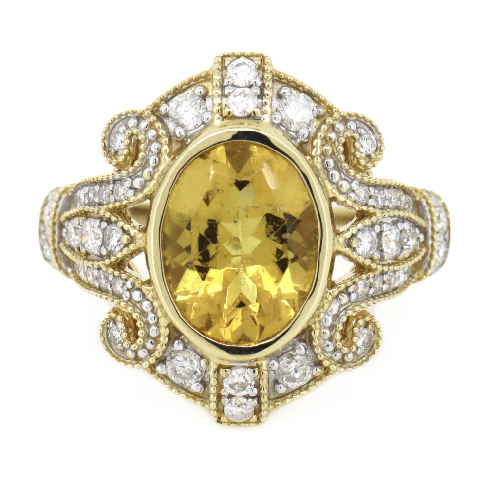 Yellow Gold Golden Beryl & Diamond Antique-Inspired Ring