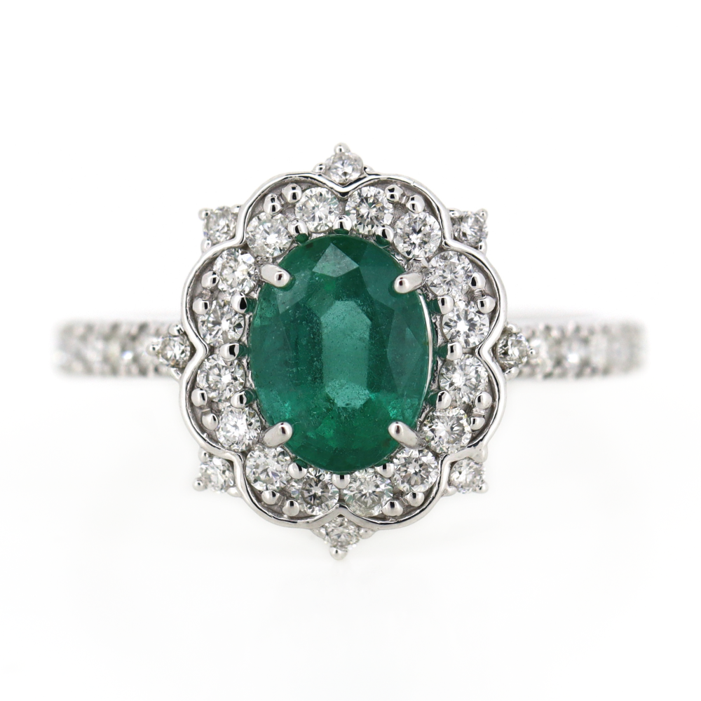 White Gold Emerald and Diamond Antique Inspired Ring