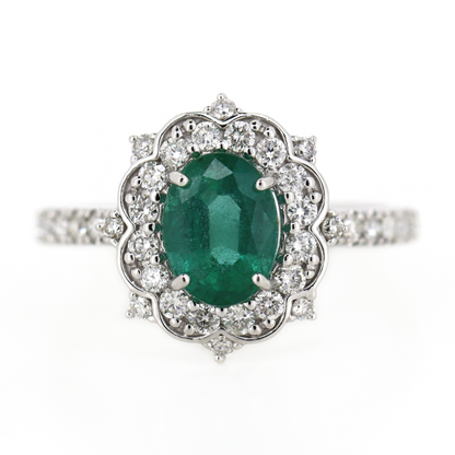 White Gold Emerald and Diamond Antique Inspired Ring