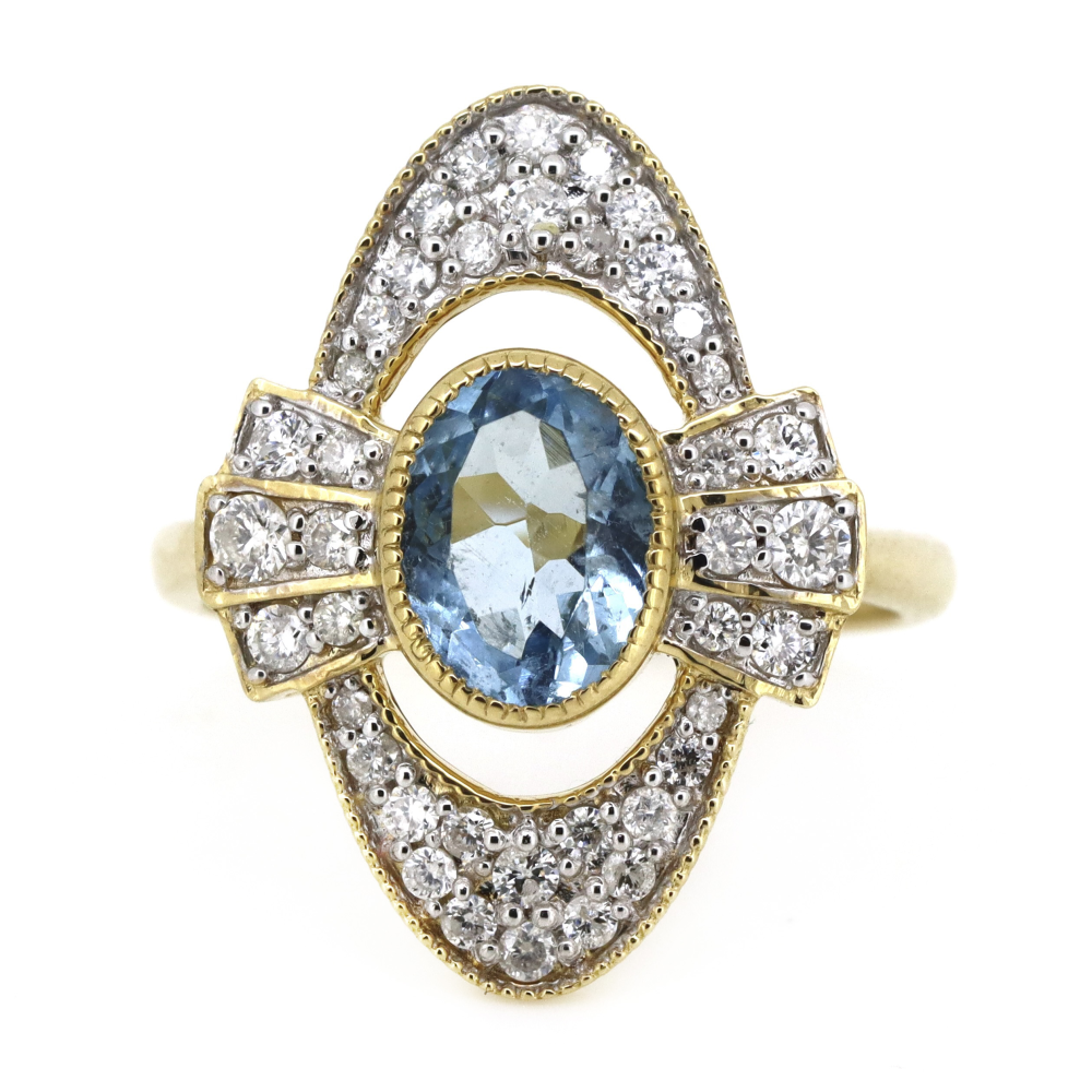 1.06ct Oval Yellow Gold, Santa Maria Aquamarine and Diamond, Art Deco Inspired Ring