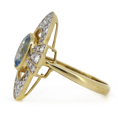 1.06ct Oval Yellow Gold, Santa Maria Aquamarine and Diamond, Art Deco Inspired Ring