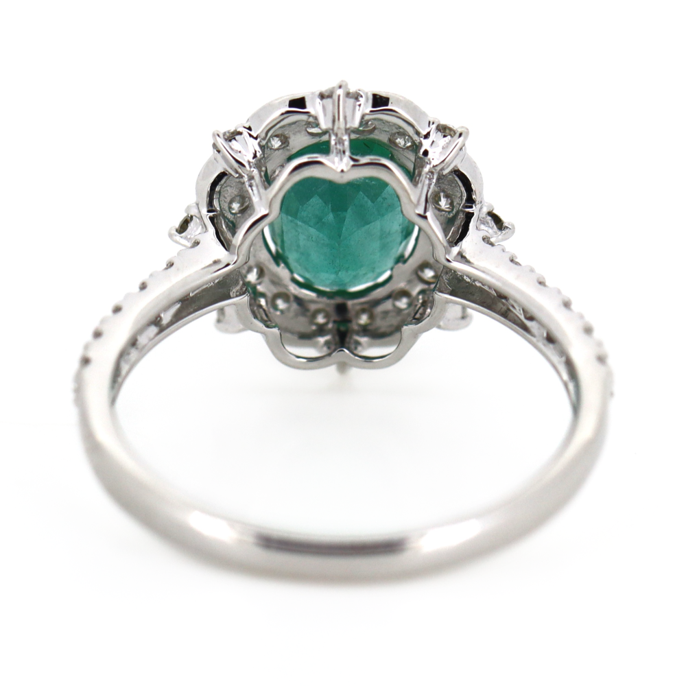 White Gold Emerald and Diamond Antique Inspired Ring