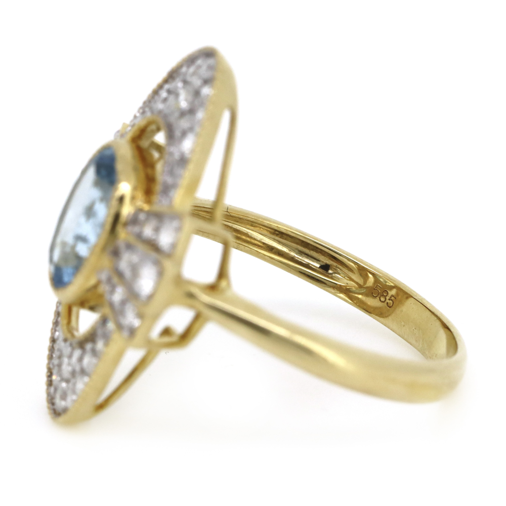 1.06ct Oval Yellow Gold, Santa Maria Aquamarine and Diamond, Art Deco Inspired Ring