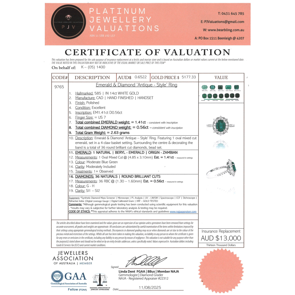 White Gold Emerald and Diamond Antique Inspired Ring