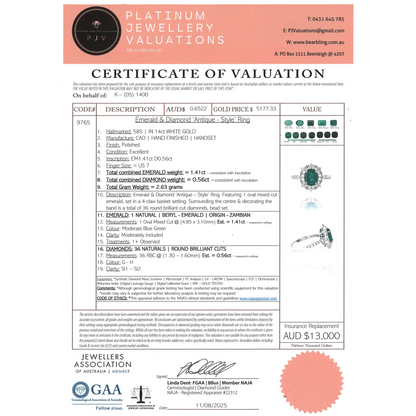 White Gold Emerald and Diamond Antique Inspired Ring