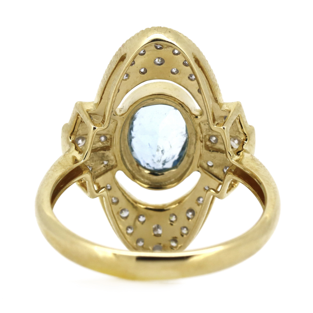 1.06ct Oval Yellow Gold, Santa Maria Aquamarine and Diamond, Art Deco Inspired Ring