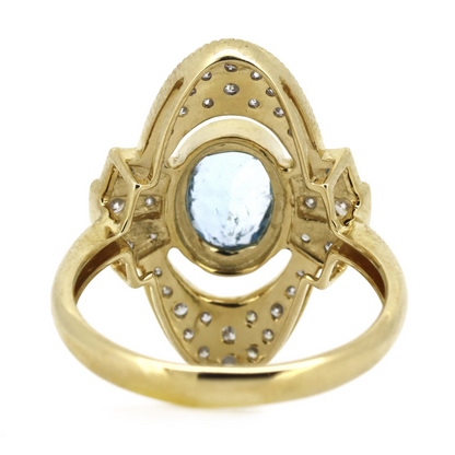 1.06ct Oval Yellow Gold, Santa Maria Aquamarine and Diamond, Art Deco Inspired Ring