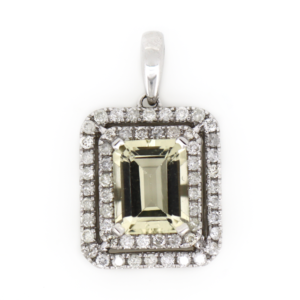 White Gold Heliodor and Diamond Double Halo Pendant