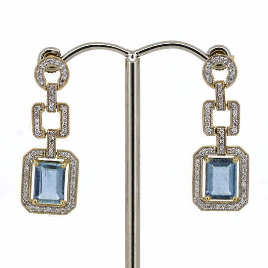 Yellow/White Gold, Emerald Cut Santa Maria Blue Aquamarine and Diamond, Drop Earrings