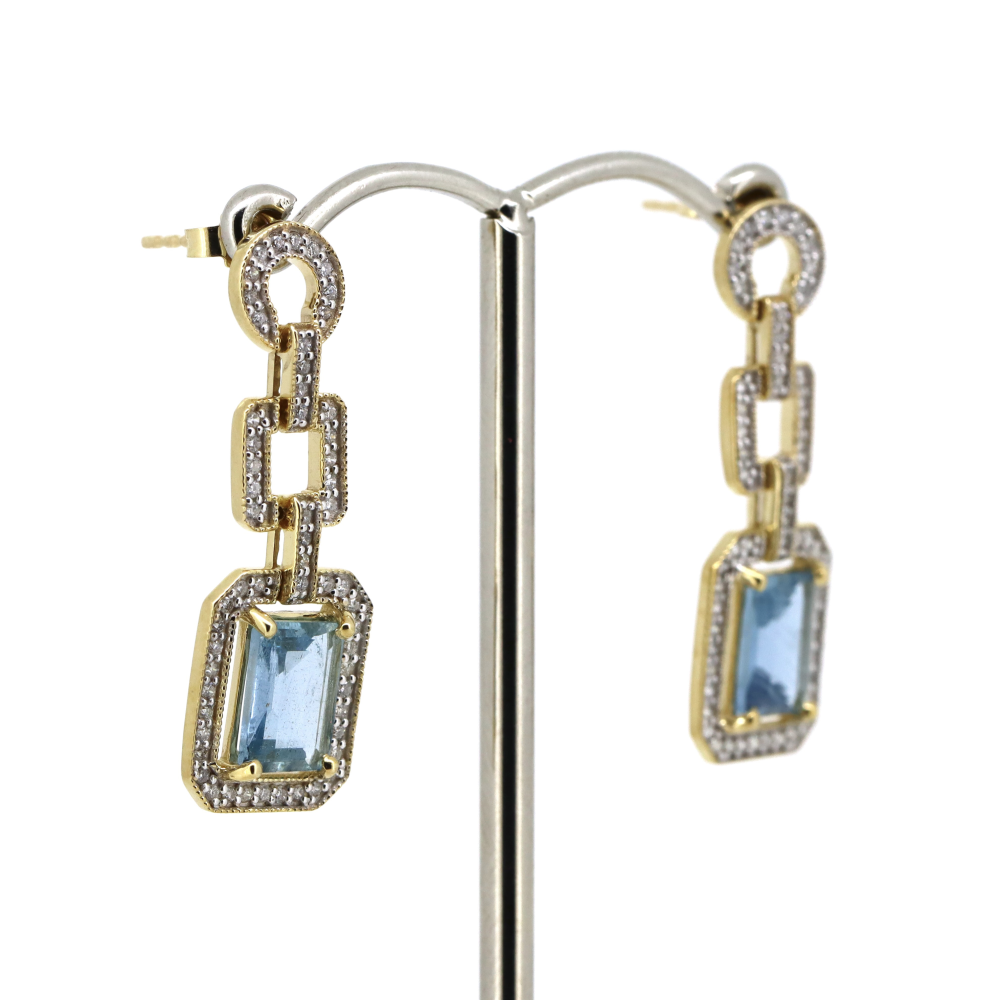 Yellow/White Gold, Emerald Cut Santa Maria Blue Aquamarine and Diamond, Drop Earrings