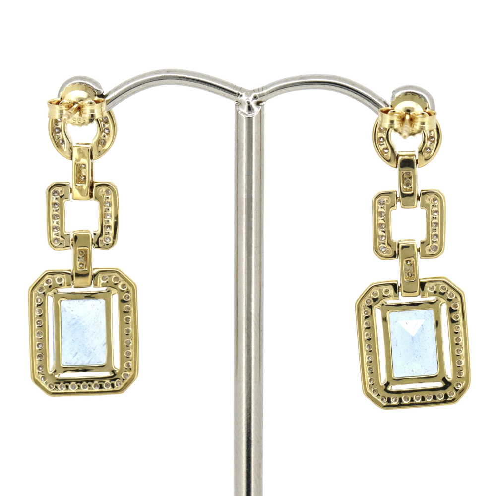 Yellow/White Gold, Emerald Cut Santa Maria Blue Aquamarine and Diamond, Drop Earrings