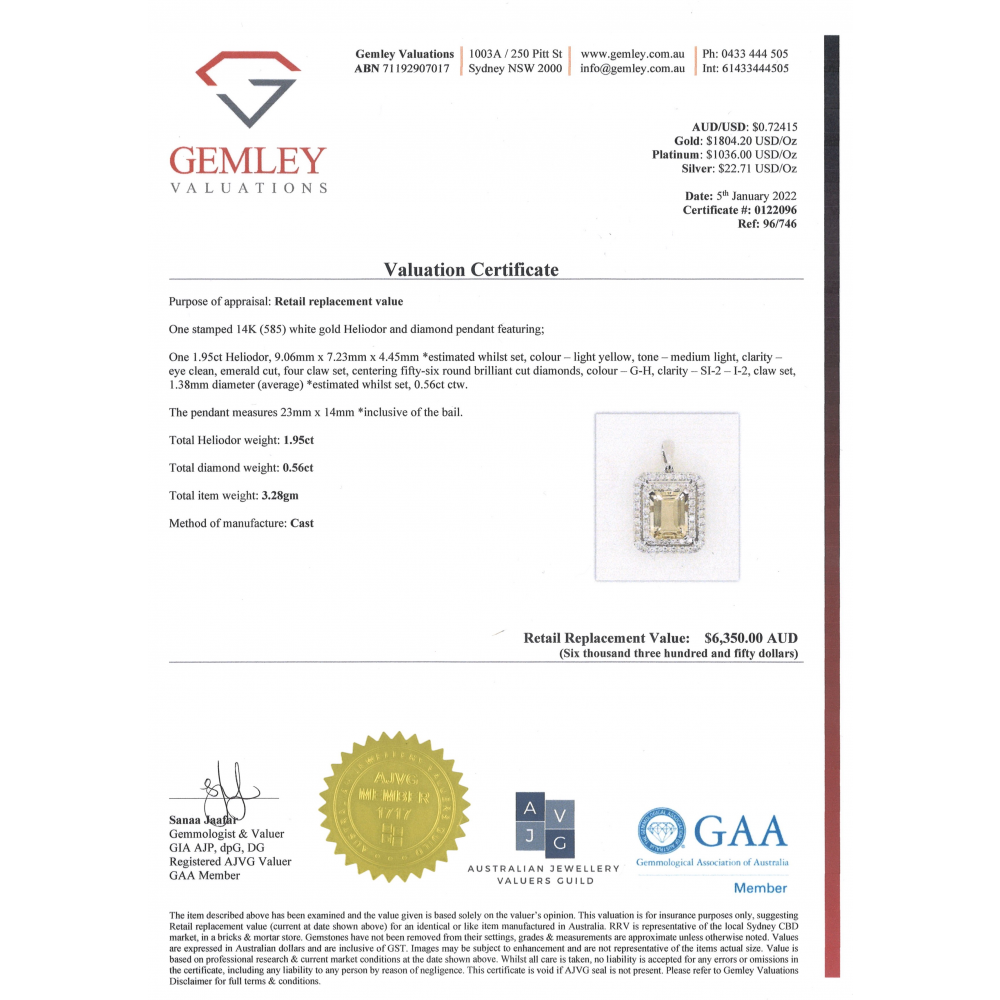 White Gold Heliodor and Diamond Double Halo Pendant