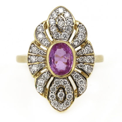 Yellow Gold Pink Sapphire & Diamond Antique Style Ring