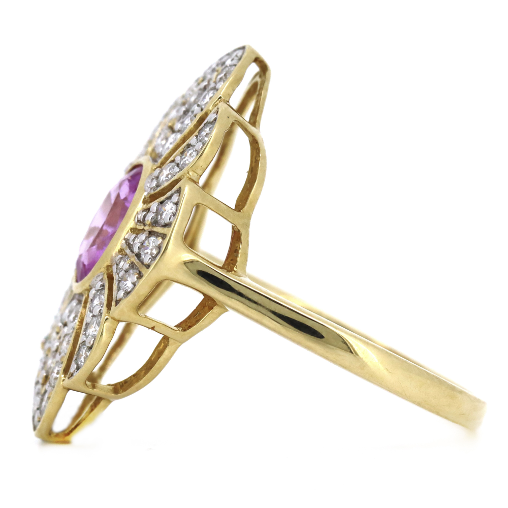 Yellow Gold Pink Sapphire & Diamond Antique Style Ring