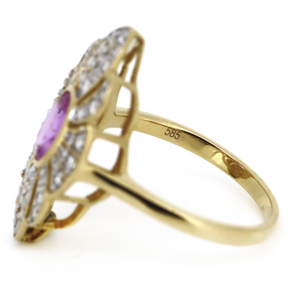 Yellow Gold Pink Sapphire & Diamond Antique Style Ring