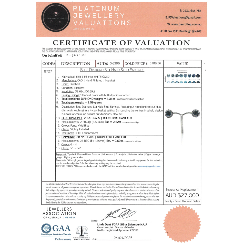 2.62ct TDW White Gold Blue Diamond and Diamond Halo Stud Earrings