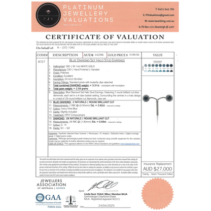 2.62ct TDW White Gold Blue Diamond and Diamond Halo Stud Earrings