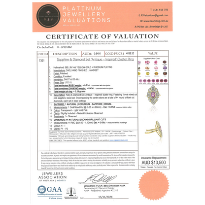 Yellow Gold Pink Sapphire & Diamond Antique Style Ring