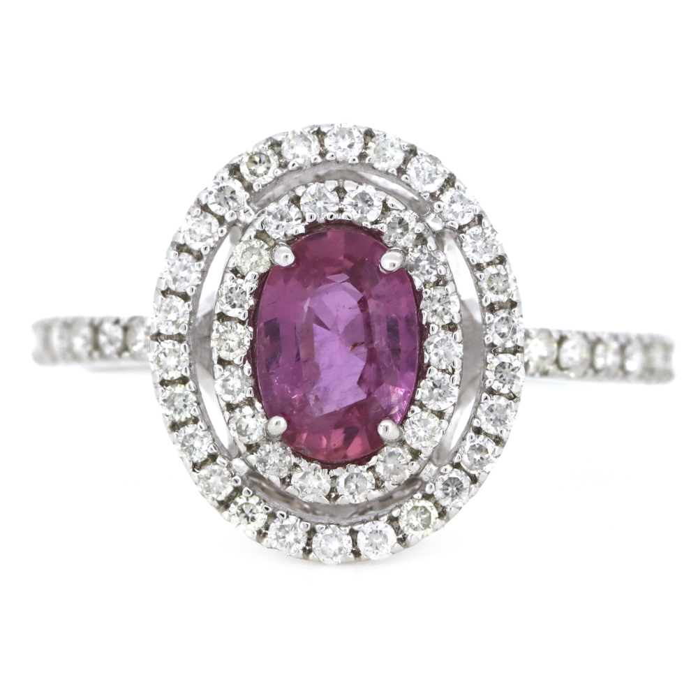 White Gold Pink Sapphire & Diamond Double Halo Ring