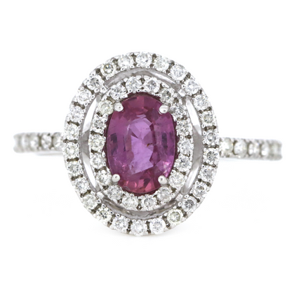 White Gold Pink Sapphire & Diamond Double Halo Ring