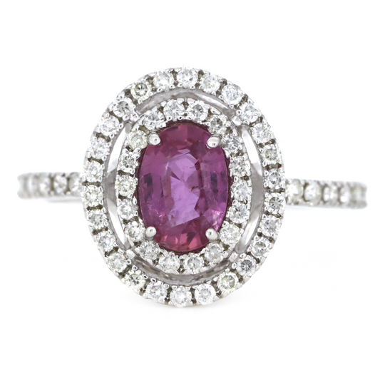 White Gold Pink Sapphire & Diamond Double Halo Ring