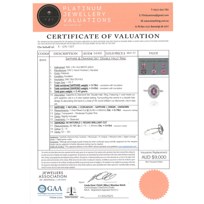 White Gold Pink Sapphire & Diamond Double Halo Ring