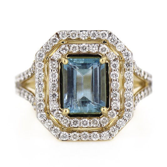Yellow Gold Aquamarine and Diamond Double Halo Ring