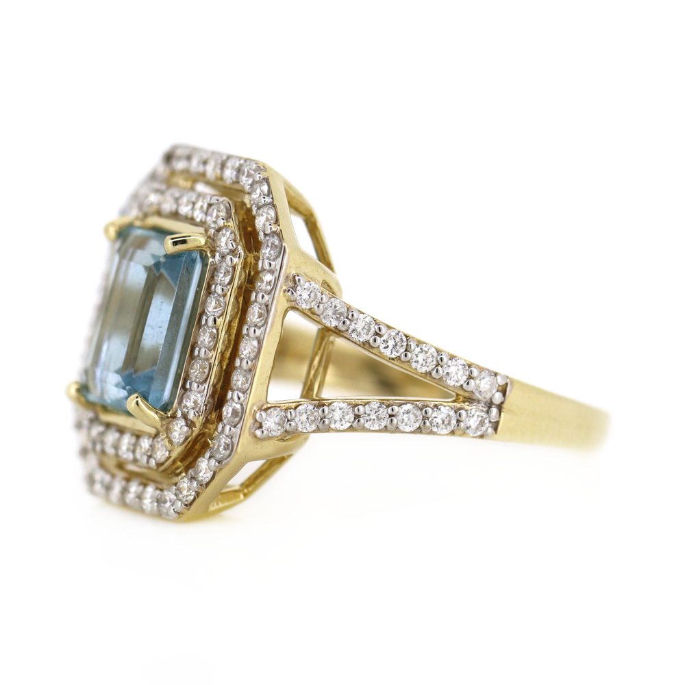 Yellow Gold Aquamarine and Diamond Double Halo Ring