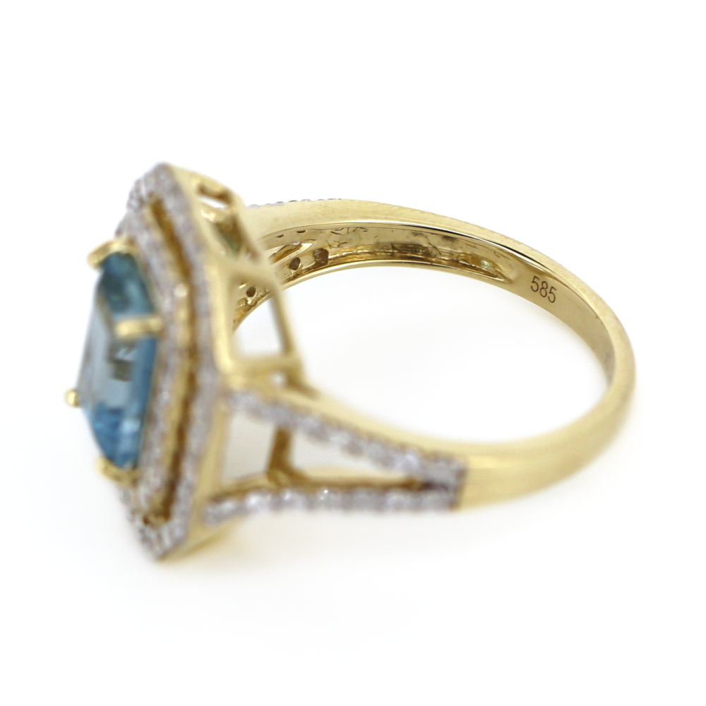 Yellow Gold Aquamarine and Diamond Double Halo Ring